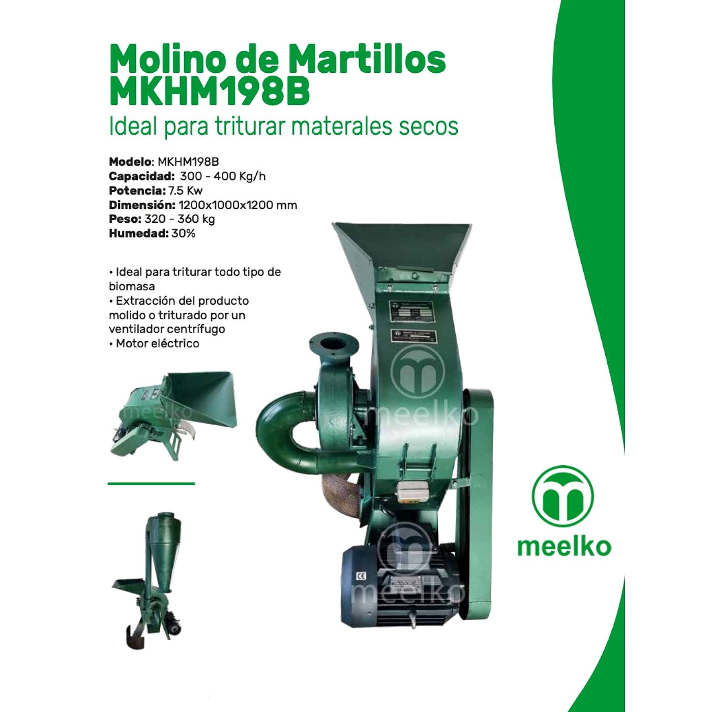Molino triturador de biomasa a martillo electrico 360 kg - MKH198B
