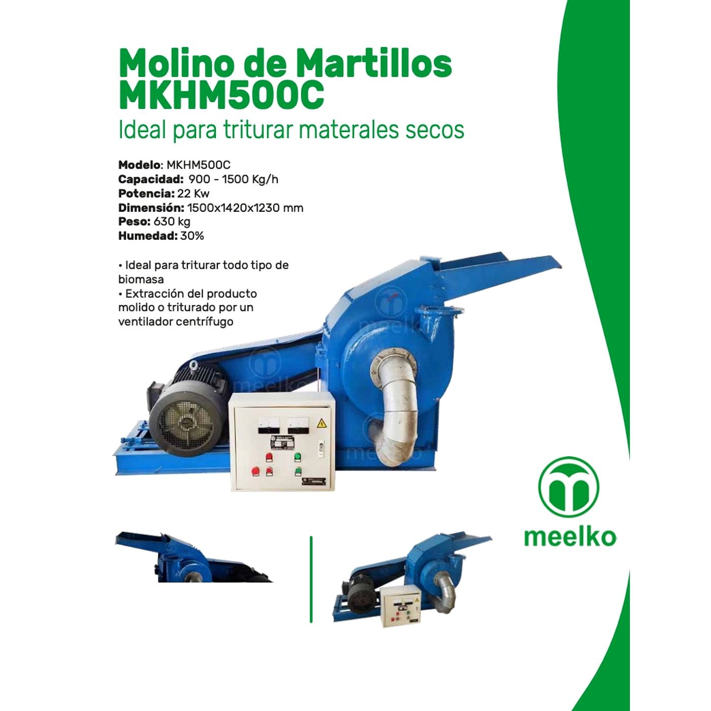 Molino triturador de biomasa a martillo electrico hasta 1500 kg hora - MKH500C