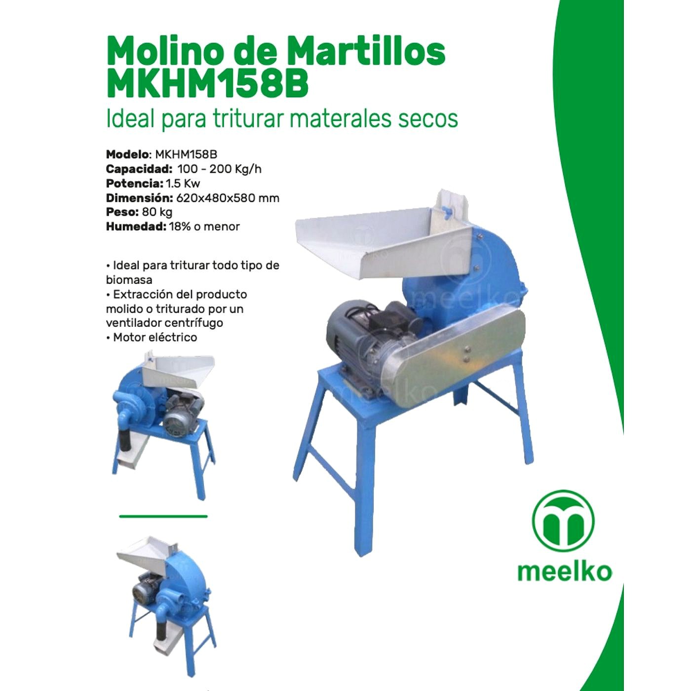 Molino de martillos 1,5 KW monofasico 100 a 200 kg hora - MKH158B